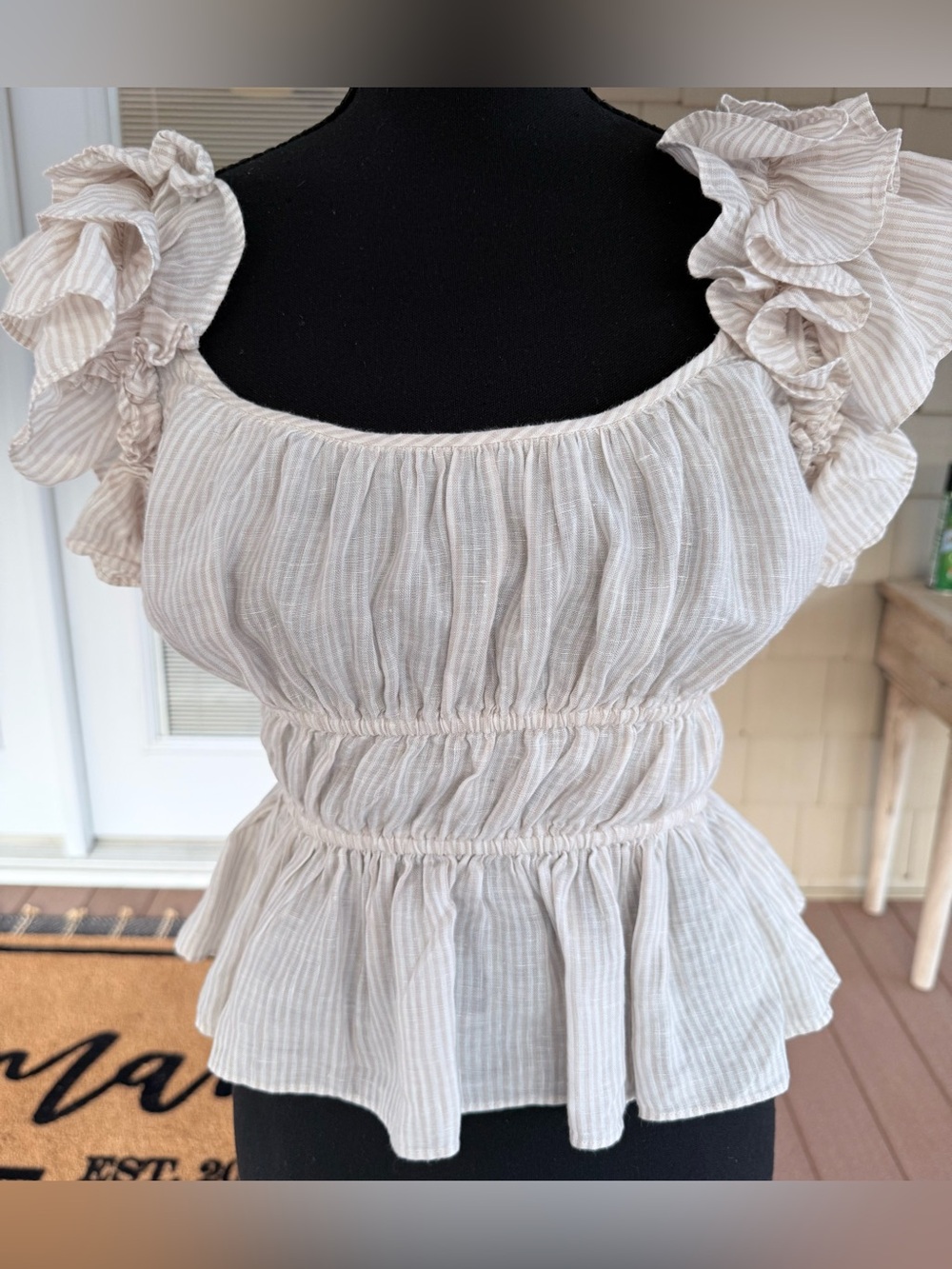 Ulla Johnson Blush Stripe Linen Cotton Ruffle Smocked Peplum Top Sz 0 EUC